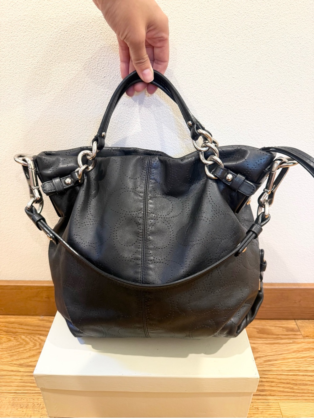 Coach Black Leather Shoulder Bag with Chain-Link Straps
